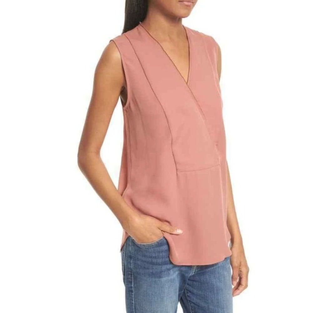 Theory Women's Rose Pink Taneah Double GGT Silk V-Neck Sleeveless Blouse Size‎ M - Picture 3 of 8
